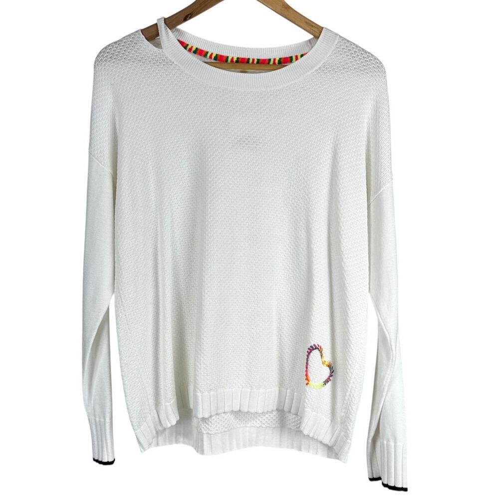 Lisa Todd NWT Lover Embroidered Rainbow Heart Sweater White Size L Ribbed Hem